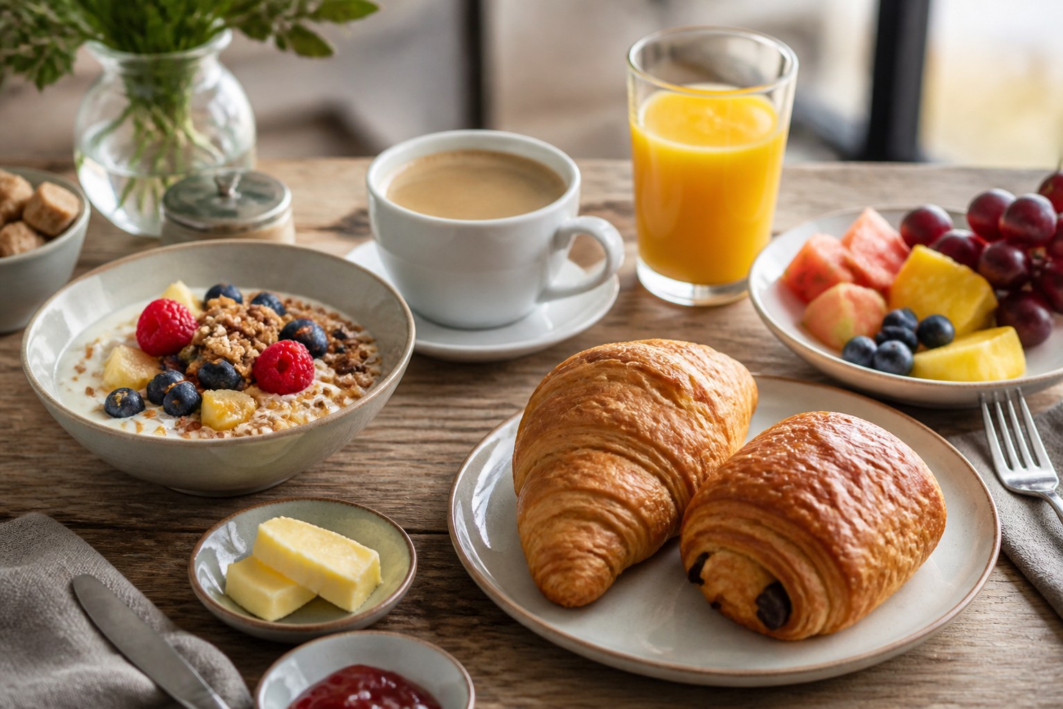 Frühstück mit Croissants, Obst, Joghurt, Kaffee und Orangensaft